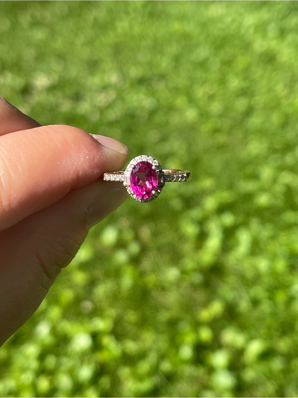 Pink Bixbite and Zircon Halo Ring